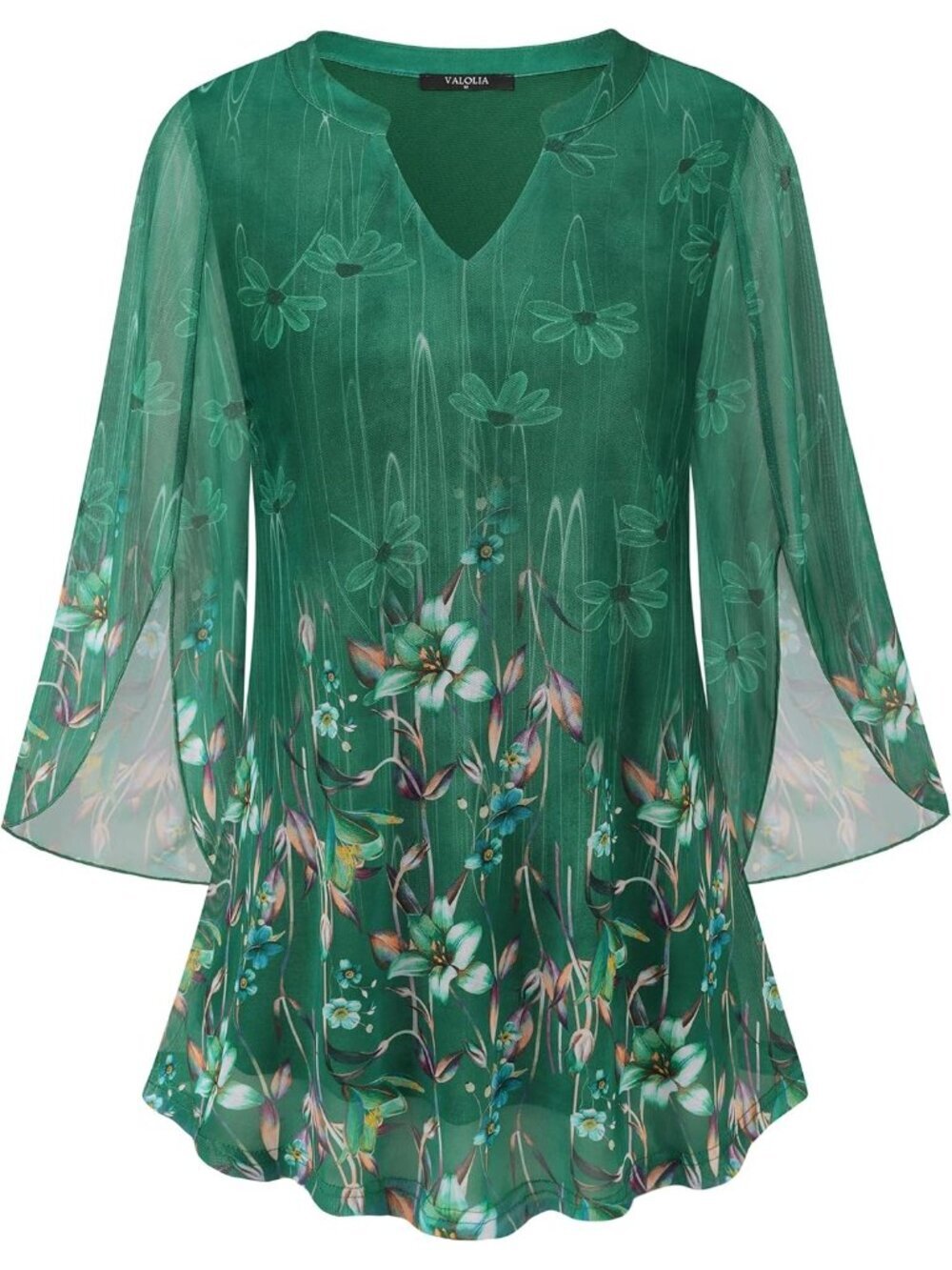 VALOLIA Women's Tops Green 3/4 Sleeve Floral V Neck Double Layers Mesh Blouses